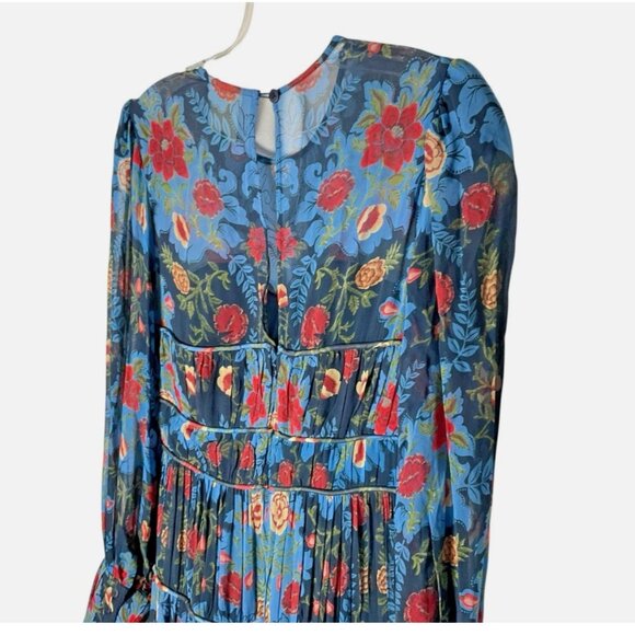 Farm Rio Dress Arabesque Floral Gown Maxi Long-Sleeve Blue Size XS *READ FLAW* - Picture 4 of 9